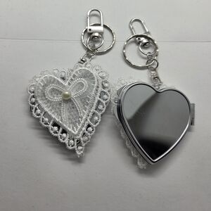 Heart Lace Compact Mirror Keychain - White
